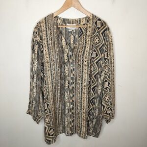 August Max Women Silk Tunic Button Front Geometric Tribal